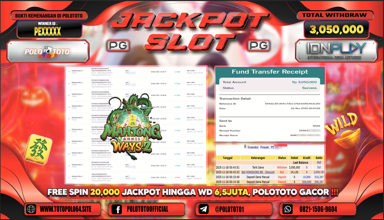 POLOTOTO JACKPOT SLOT MAHJONG WAYS 2 Rp.3.050.000,- LUNAS