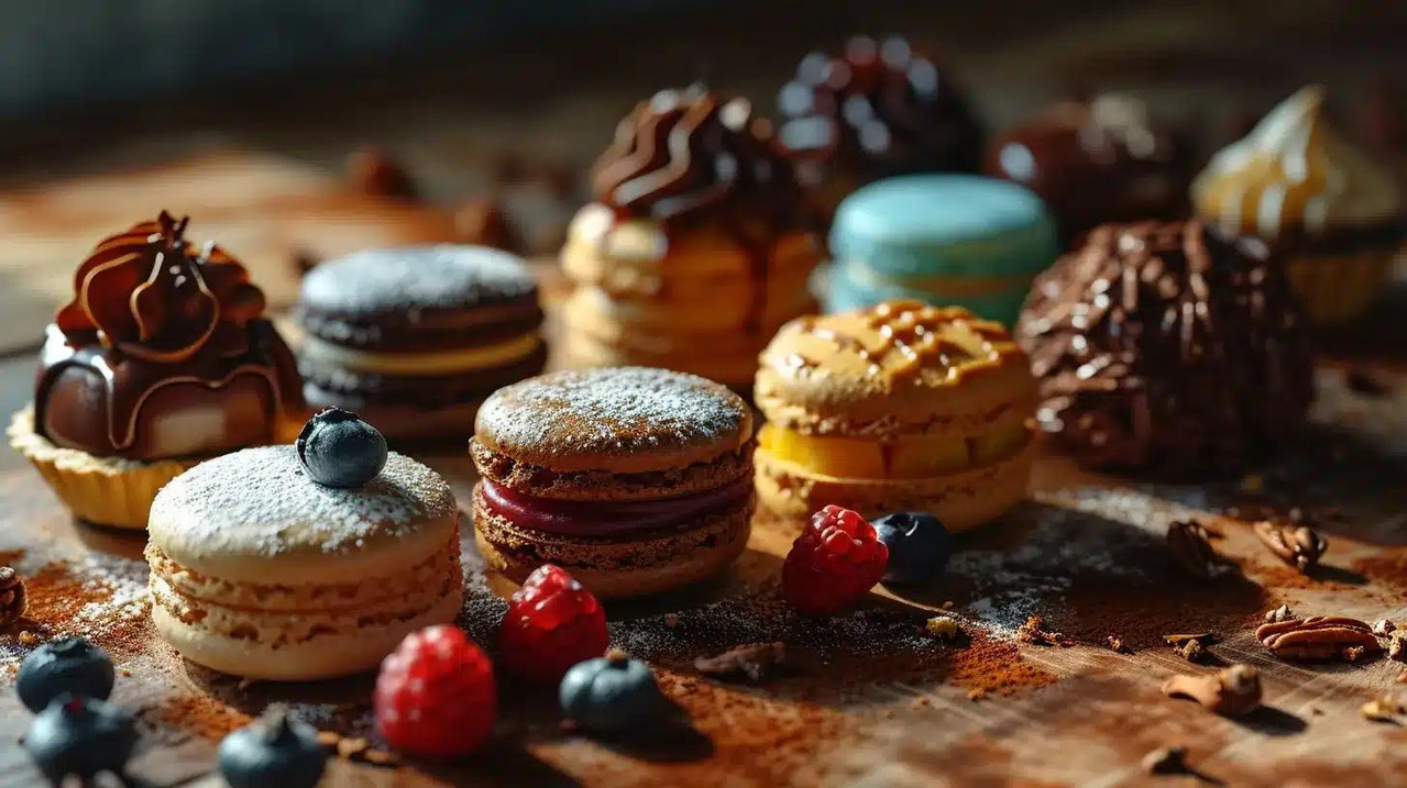 Colorful macarons and pastries display