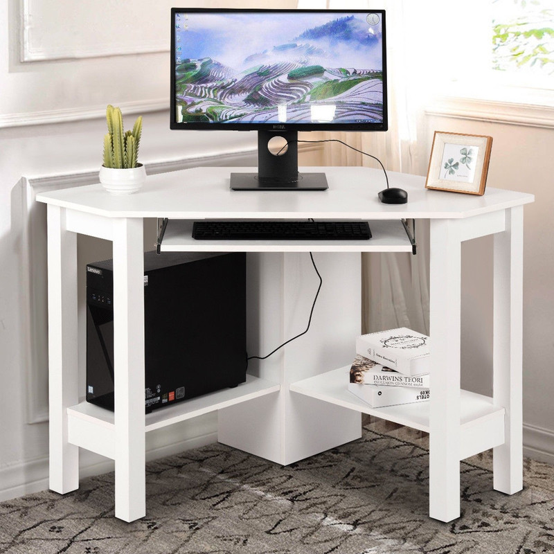 White Wooden Corner Desk Computer Workstation Books Drawers