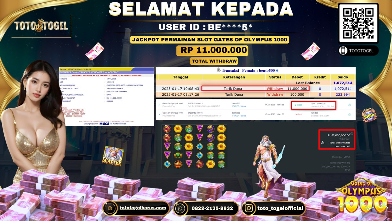 Bukti Pembayaran Jackpot  Permainan Slot Gates Of Olympus 1000   :BE****5*  LUNAS