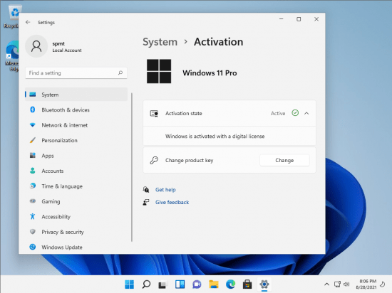 Windows 11 Pro Build 22000.168 Non-TPM 2.0 Compliant  Activated August 2021