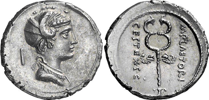 Denario de la gens Plaetoria. M PLAETORI – CEST. EX. S.C. Caduceo alado. Roma. 4