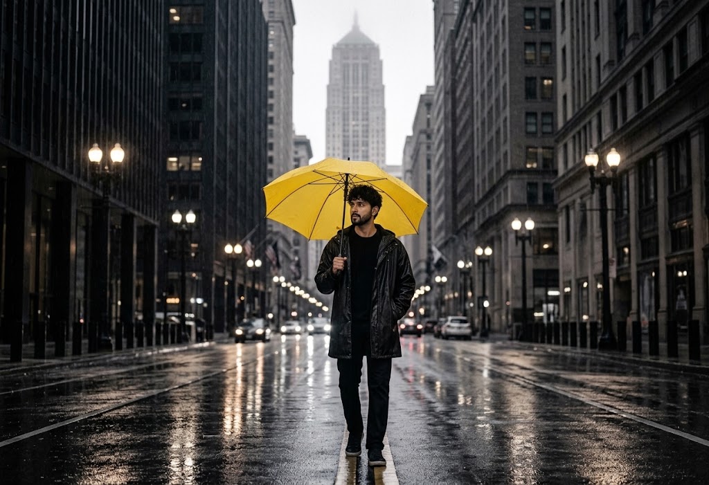 AI-generated example result for the creative-images prompt: Urban Canyon Rainy Walk by Prompt Craft
