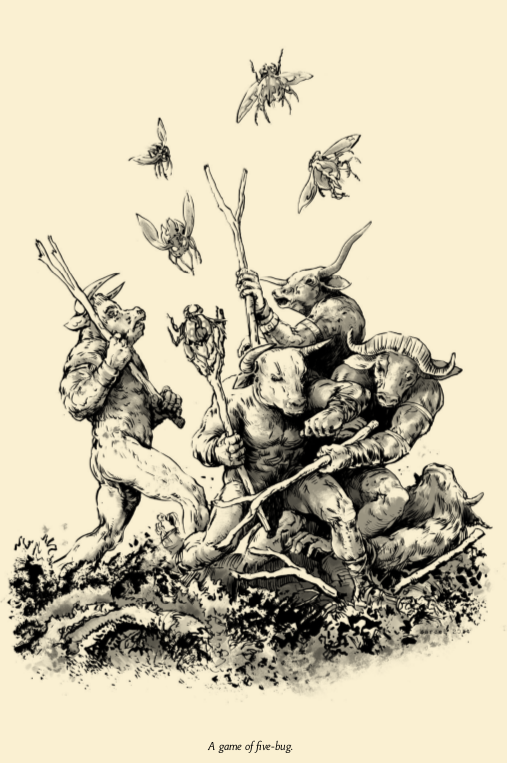  [ A greyscale illustration of four minotaurs contending with each other in a physical game to capture big flying insects with forked sticks. It’s inspired by Pamela Colman Smith’s art for the Five of Wands in the RWS Tarot deck. The caption below it is “A Game of Five Bug”. ] 