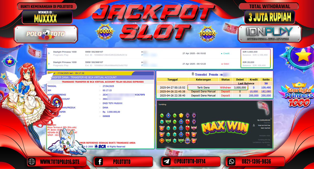 POLOTOTO JACKPOT SLOT STARLIGHT PRINCESS 1000 Rp.3.000.000,-