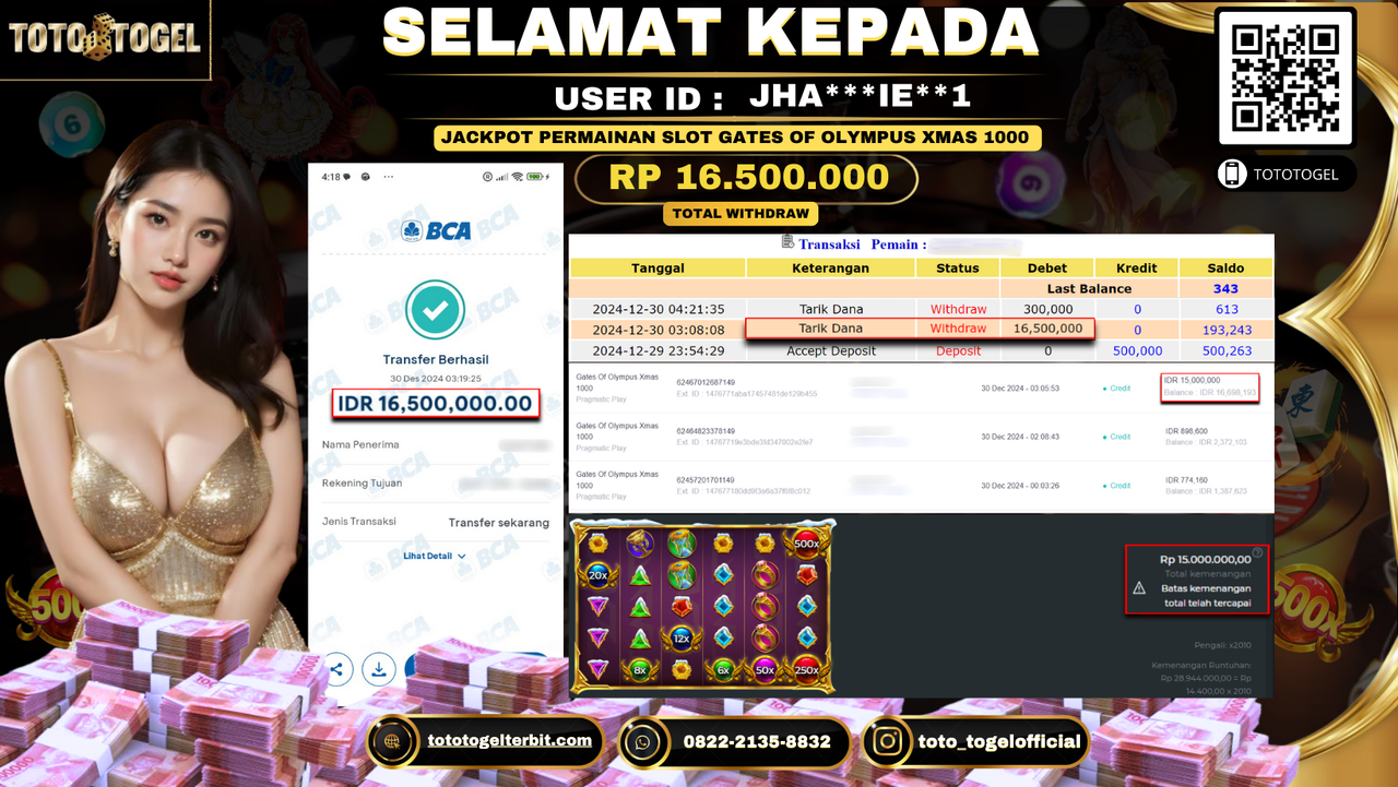 Bukti Pembayaran Jackpot  Permainan Slot Gates Of Olympus Xmas 1000  : JHA***IE**1 LUNAS