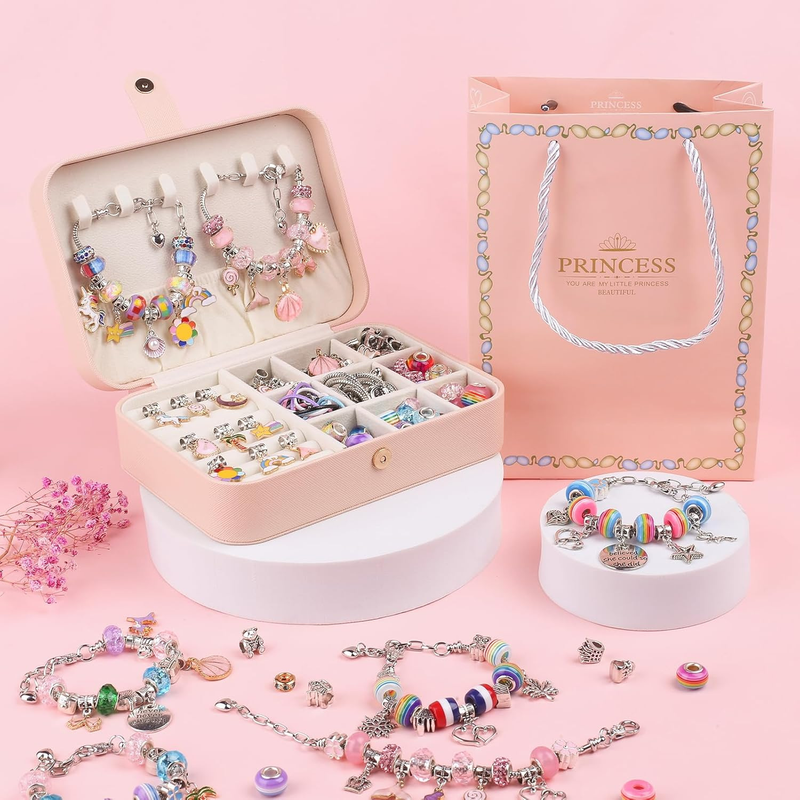 120-Piece Colorful Craft Set (Includes Beads, Charms, and Storage Case) - Unicorn DIY Bracelet Kit – Creative Jewelry Making Gift for Girls Ages 3+