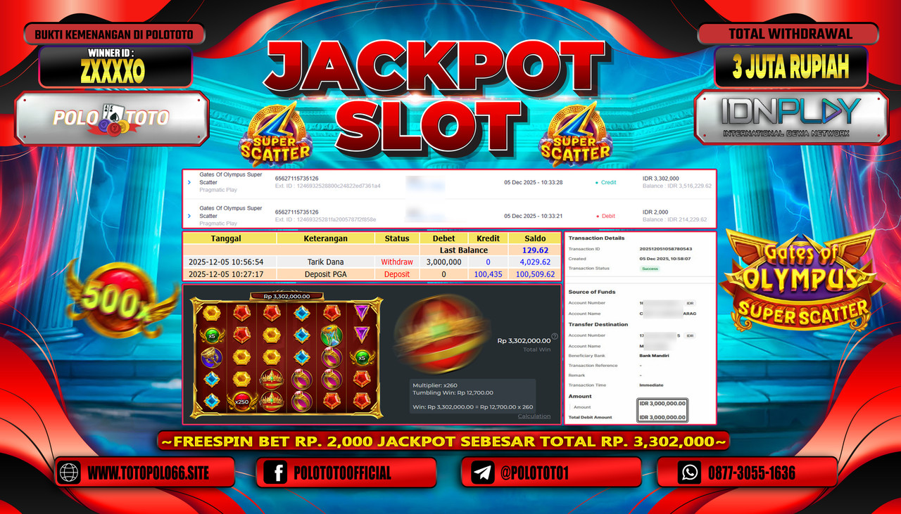 POLOTOTO JACKPOT SLOT GATES OF OLYMPUS SUPER SCATTER Rp.3.000.000,- LUNAS