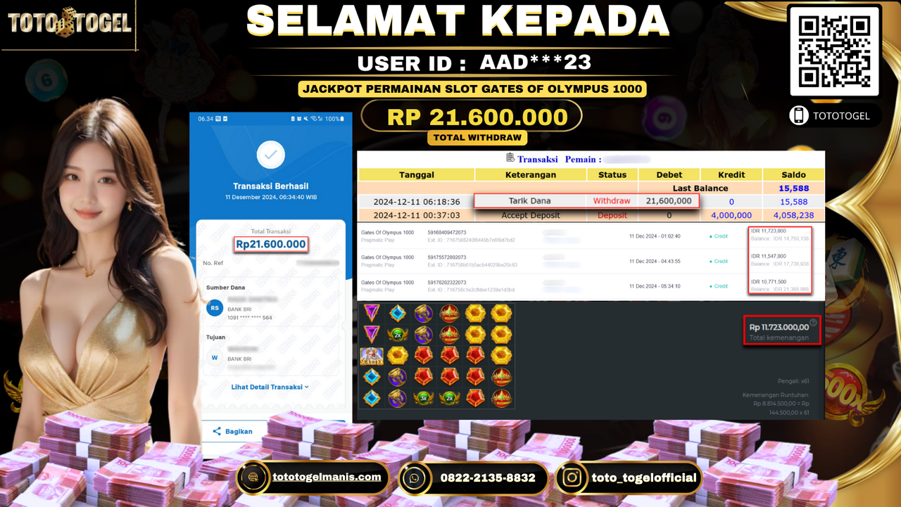 Bukti Pembayaran Jackpot Permainan Slot Gates Of Olympus 1000 ID: AAD***23 LUNAS