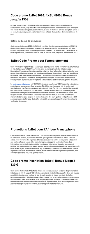 Code promo 1x Bet 2026 1XSUN200 Bonus 130