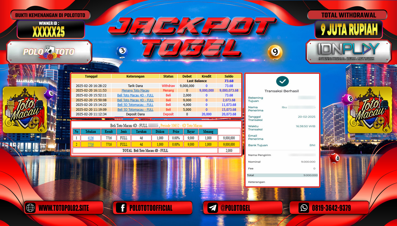 POLOTOTO JACKPOT TOGEL TOTO MACAU 4D Rp.9.000.000,-