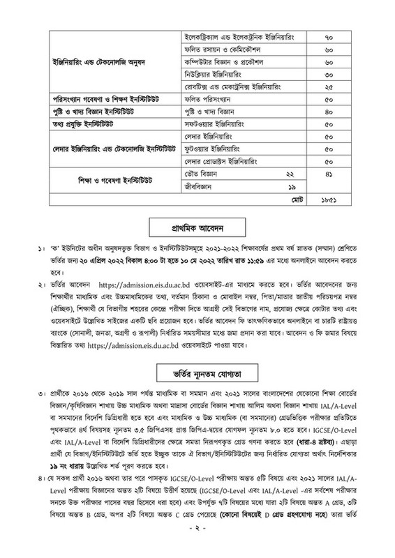 DU A Unit Admission Circular 2021-22