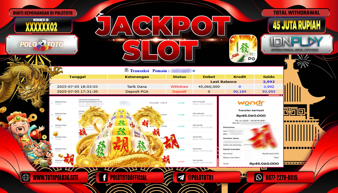 POLOTOTO JACKPOT SLOT MAHJONG WAYS Rp.45.000.000,- LUNAS