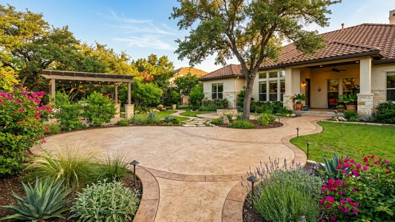 Curved concrete patio layout design in a San Antonio backyard