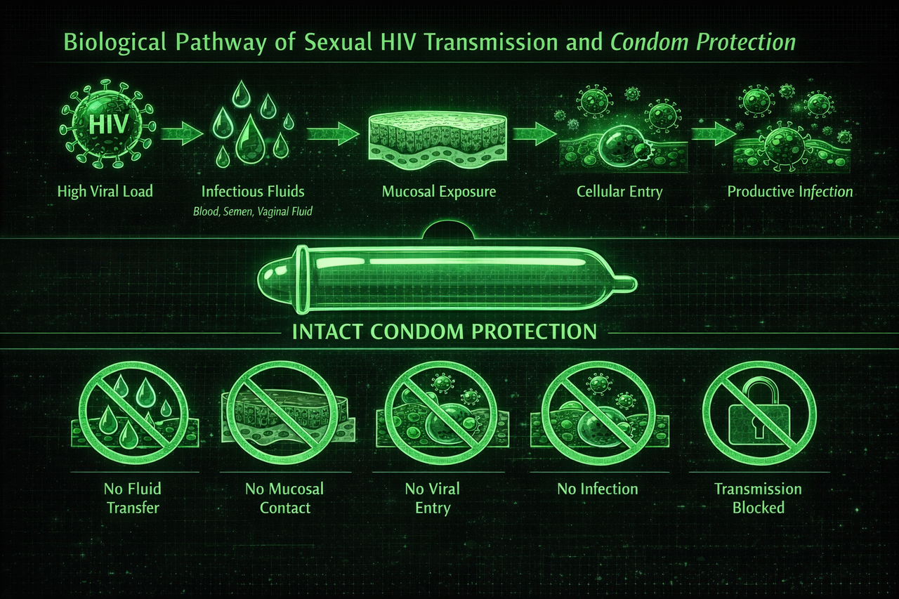 Diagram showing the biological pathway of sexual HIV transmission and how an intact condom interrupts fluid transfer and mucosal exposure