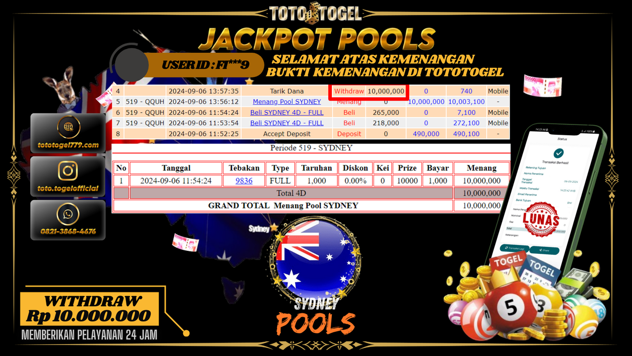 Bukti Kemenangan Permainan Togel Sydney Pools Dengan ID : FI***9  Terbayar Lunas!!