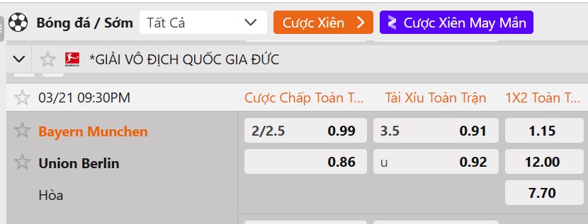 Tỷ lệ kèo Bayern Munich vs Union Berlin