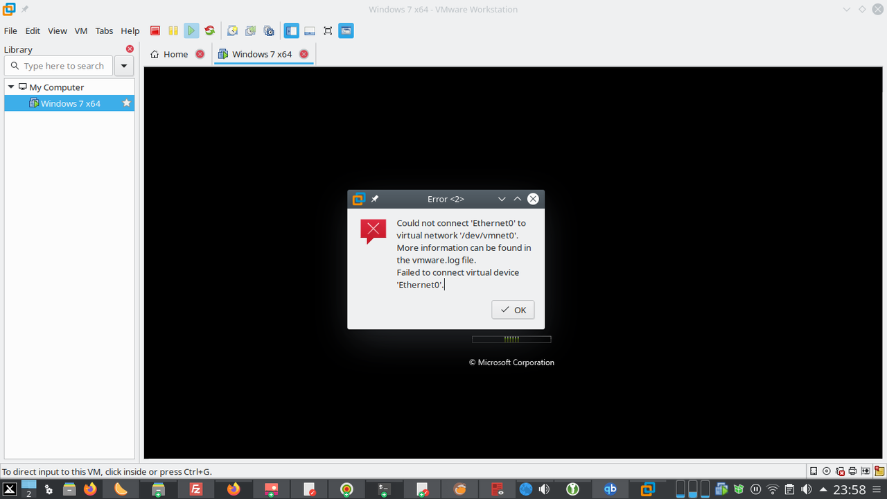 could not connect 'ethernet0' to virtual network 'vmnet8'?