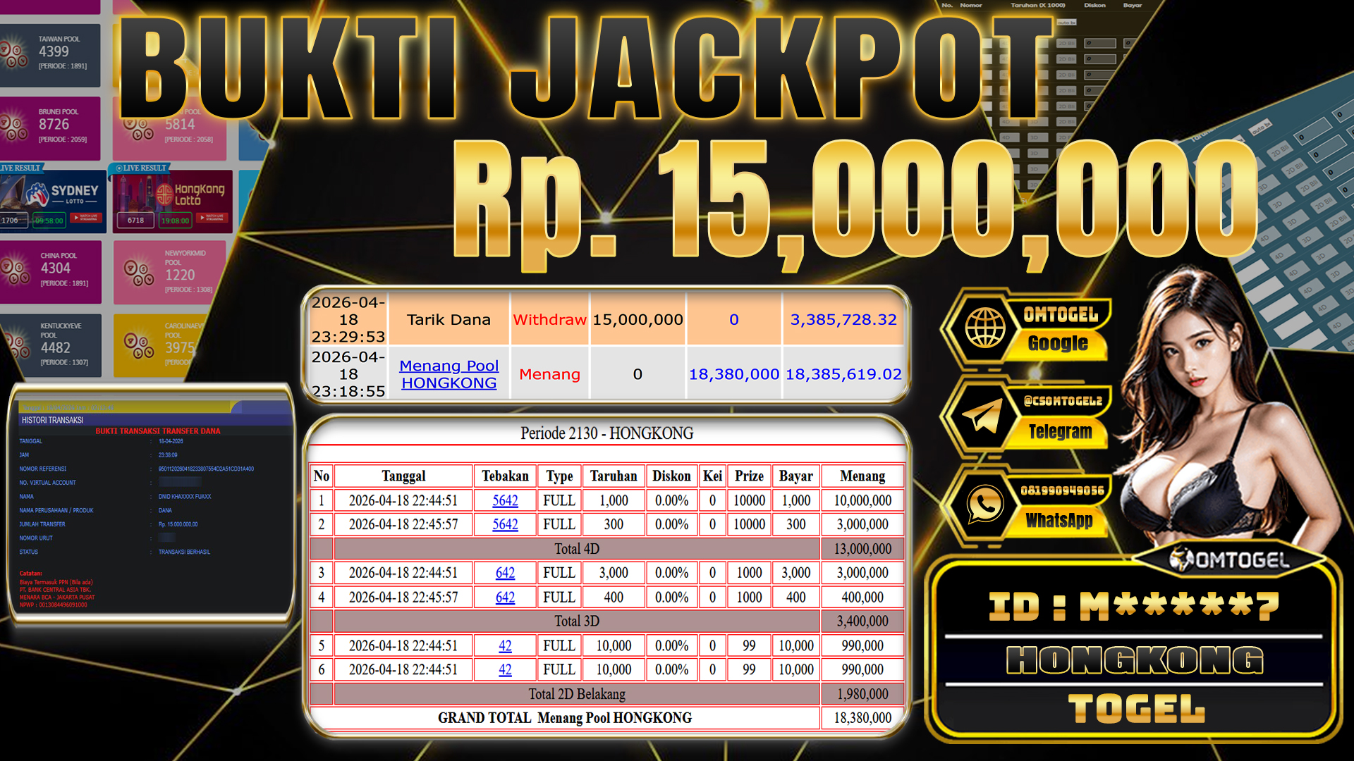 OMTOGEL JACKPOT TOGEL HONGKONG LOTTO 4D 3D 2D, 15 JUTA DI BAYAR LUNAS ,-
