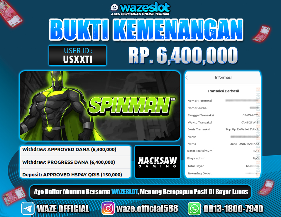 BUKTI KEMENANGAN 09 SEPTEMBER 2025 GAME SPINMAN ( HACKSAW GAMING )