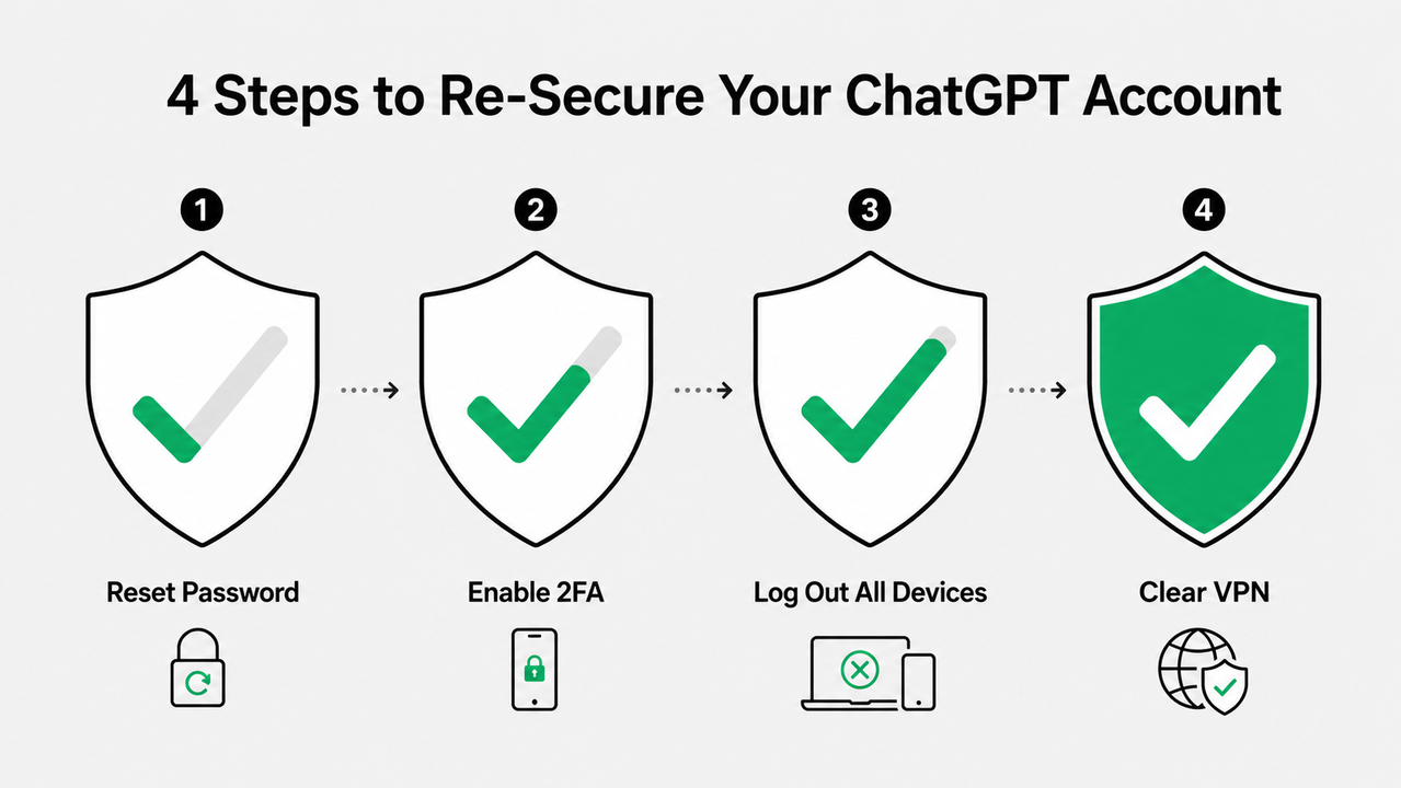 4 steps to fix ChatGPT model unavailable until account is secure: reset password enable 2FA log out clear VPN
