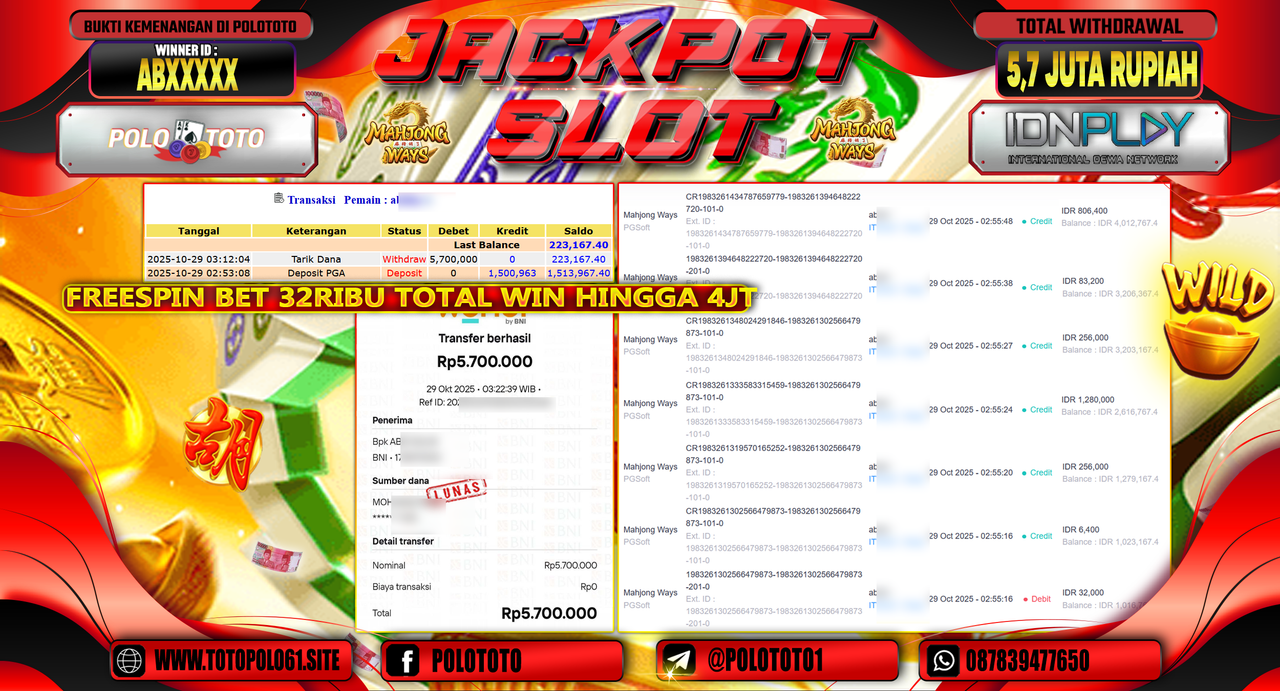 POLOTOTO JACKPOT SLOT MAHJONG WAYS Rp.5.700.000,- LUNAS