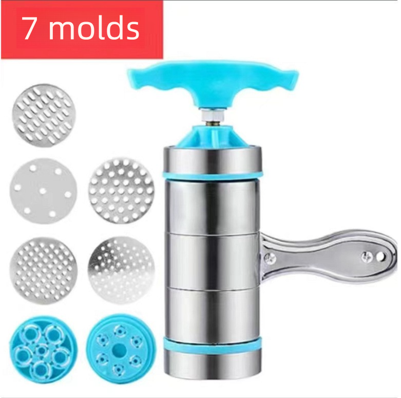 Blue Manual Stainless Steel Noodle Maker with Interchangeable Dies for Homemade Egg Noodles Flatbread and Dumpling Wrappers – Compact Kitchen Tool(Seven molds)