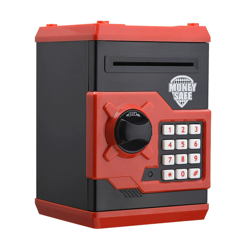 Black and Red Electronic Password Piggy Bank — An ATM-style automatic money-rolling safe featuring a digital keypad lock, 4-digit password security, and a coin slot. Powered by three AA batteries (not included), this educational and development