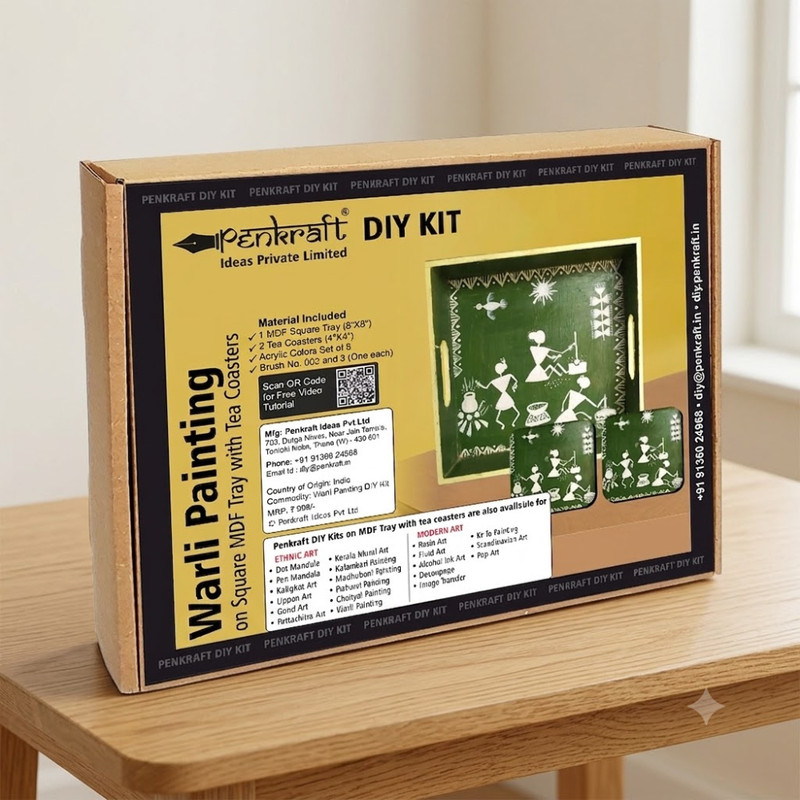 Warli Painting on MDF Tray with Square Tea Coasters DIY Kit