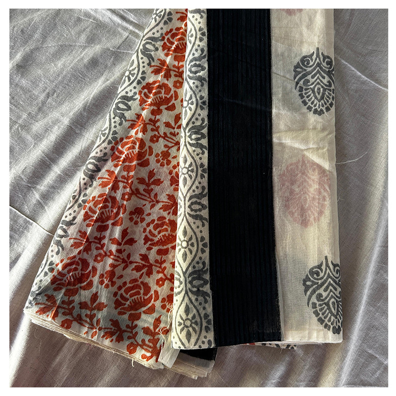Hand Block Printed Cream Color Saree Wih Rust and Black Design