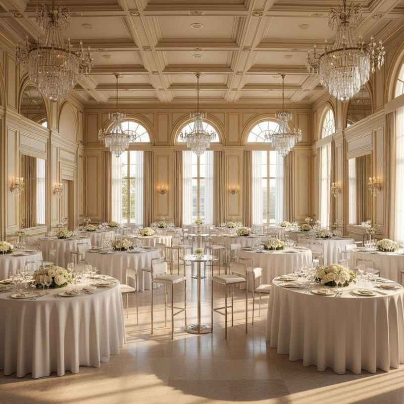 Зонирование пространства мероприятия с использованием круглых банкетных и высоких коктейльных столов, подготовленных для аренды.