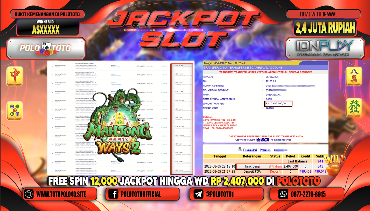 POLOTOTO JACKPOT SLOT MAHJONG WINS 2 Rp.2.400.000,-LUNAS