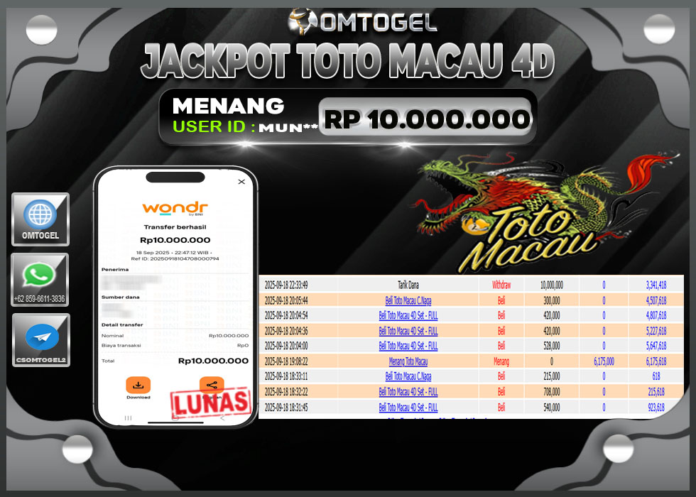 OMTOGEL JACKPOT TOTO MACAU 4D 10 JUTA DI BAYAR LUNAS ,-