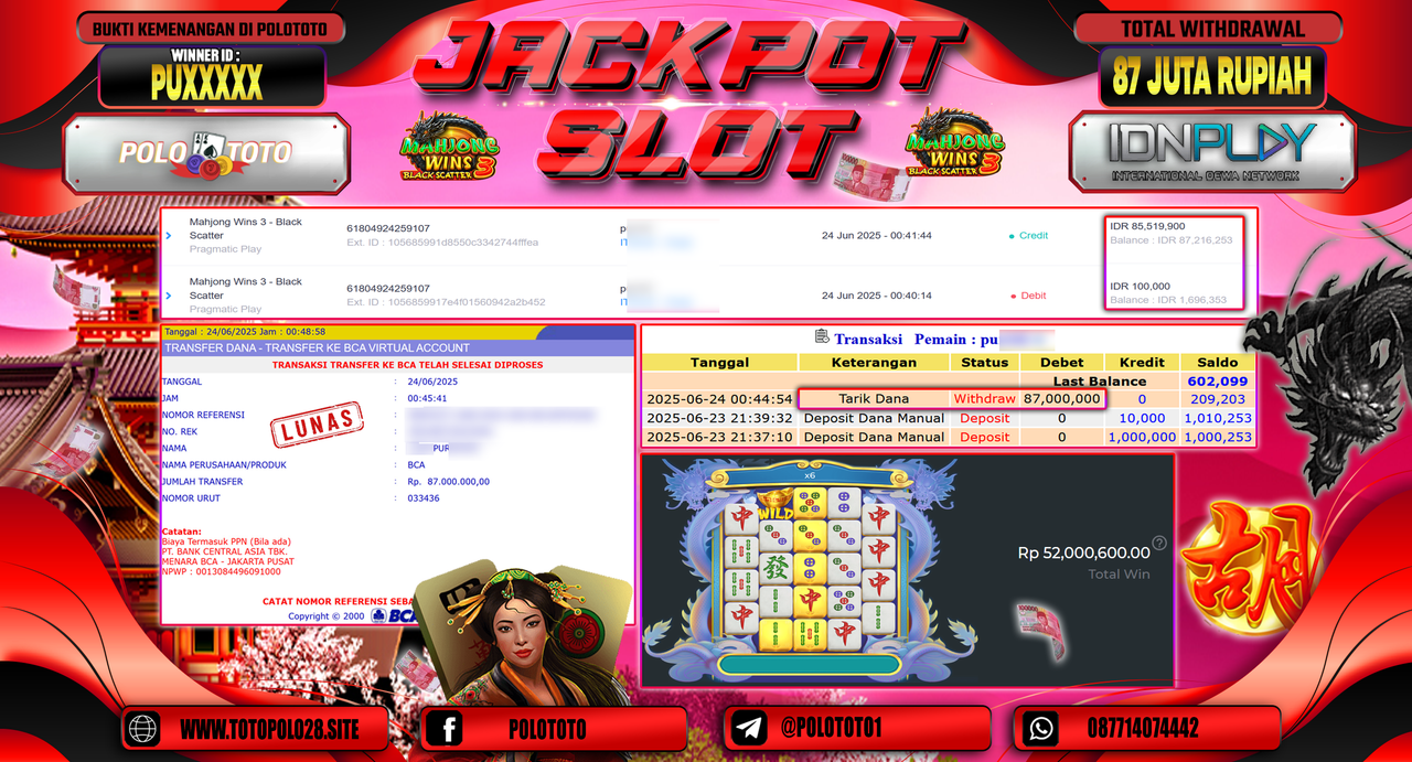 POLOTOTO JACKPOT SLOT MAHJONG WINS 3 - BLACK SCATTER Rp.87.000.000,-