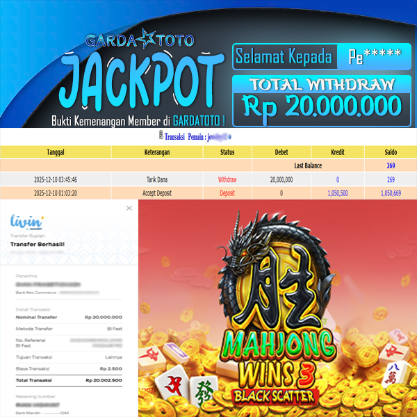 JACKPOT DI PERMAINAN SLOT PRAGMATIC PLAY MAHJONG WINS 3 BLACK SCATTER WD Rp20.000.000