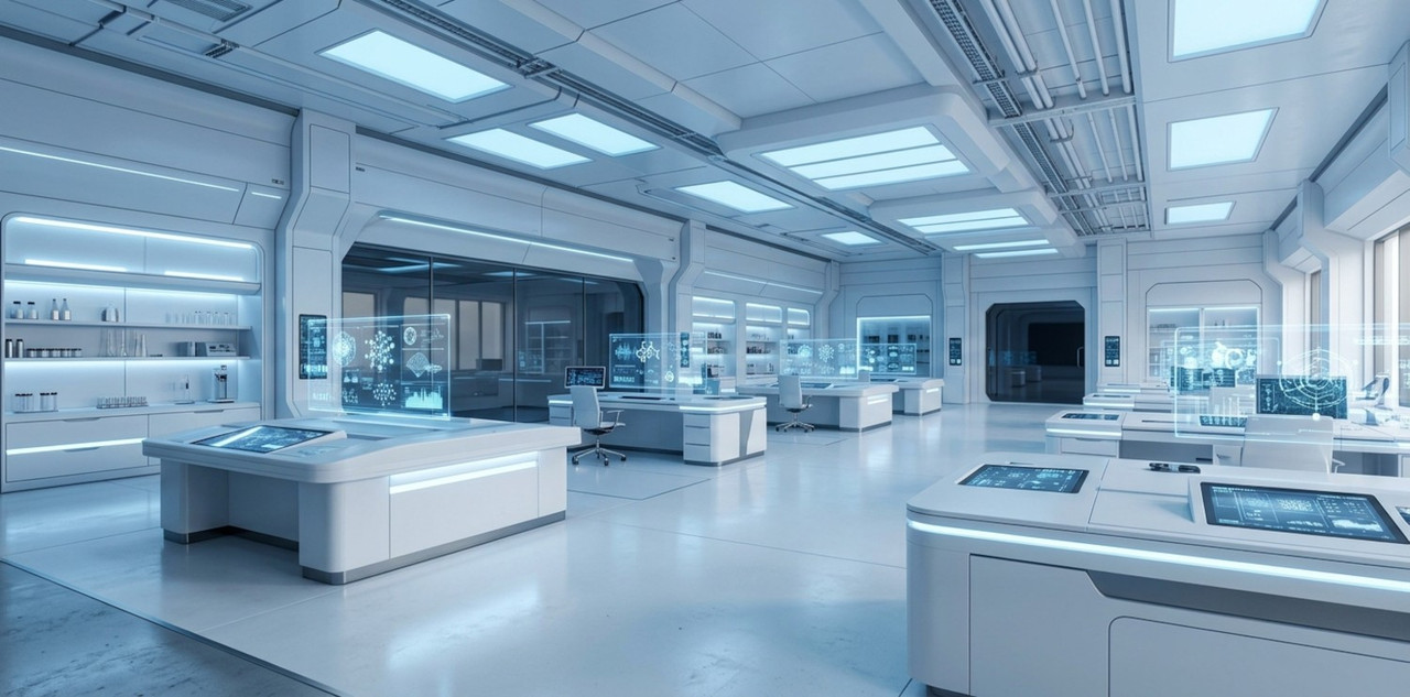 a wide shot of a minimalist white laboratory