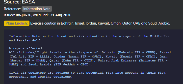 EASA: Tenga precaución en Bahréin, Israel, Jordania, Kuwait, Omán - Foro Oriente Próximo y Asia Central