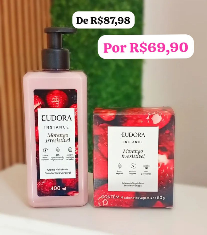 Creme Hidratante 400ml + Sabonete Instance Morango Irresistível 80g (4 unidades)