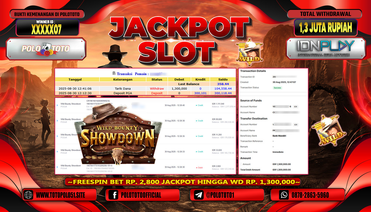 POLOTOTO JACKPOT SLOT WILD BOUNTY SHOWDOWN Rp.1.300.000,- LUNAS