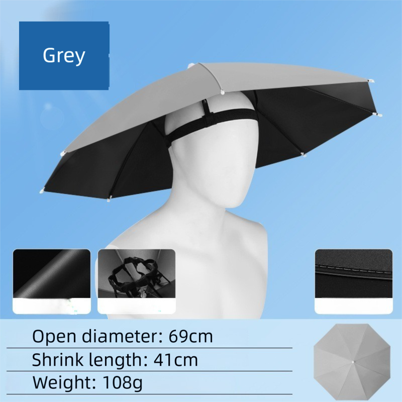 Grey Foldable Sun & Rain Umbrella Hat (Diameter 69CM) - 99% UV Potective and Wind/Rainproof Fishing Umbrella with Elastic Headband