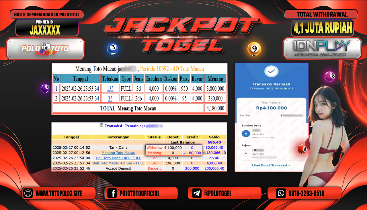 POLOTOTO JACKPOT TOGEL TOTO MACAU Rp.4.100.000,-