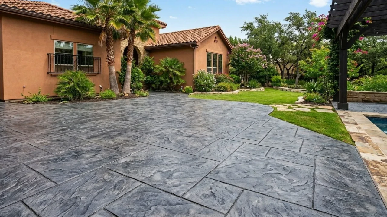 Stamped concrete patio in San Antonio with large format slate pattern