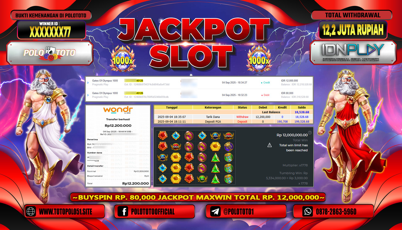 POLOTOTO JACKPOT SLOT GATES OF OLYMPUS 1000 Rp.12.200.000,- LUNAS