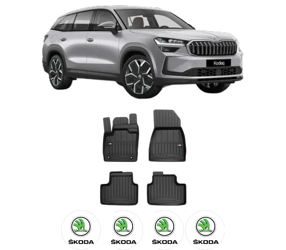 Set covorase presuri SKODA KODIAQ II (PS7) din 2024-2025, auto, din cauciuc thermoplastic, 4 Stickere auto cu SKODA