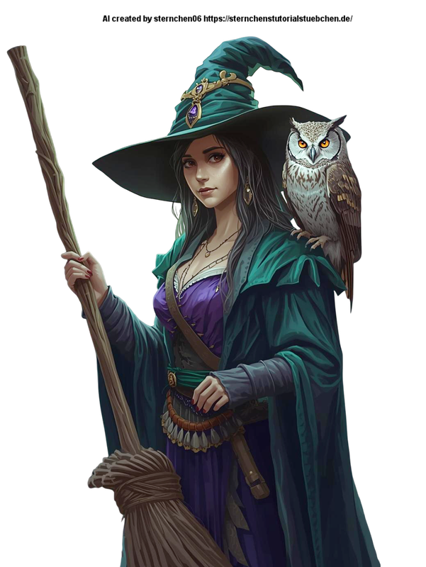 a  witch with her witch broom and her owl on her shoulder (9)-Photoroom