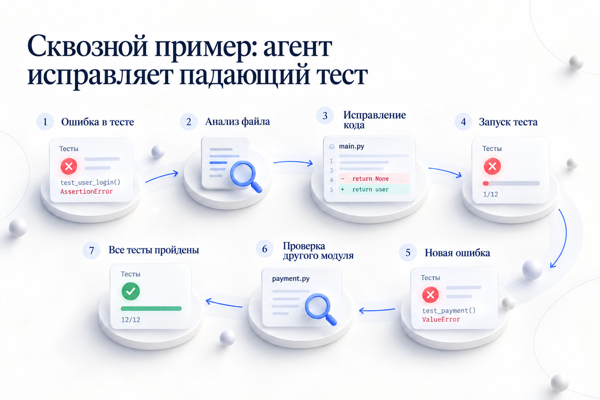 Пример Agent Loop: ИИ-агент исправляет падающий тест и проверяет результат