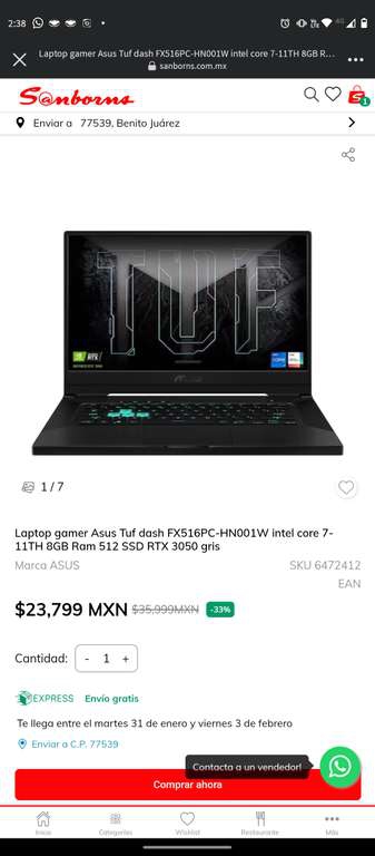 Sanborns: Laptop gamer Asus tuf Intel core i7 8 GB ram 512 se y tarjeta Rtx 3050 
