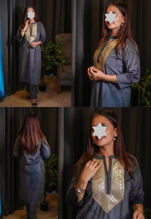 Women's Woolen Velvet Kurta and Pant Set | Winter Wear | Warm Velvet Ethnic Outfit | V-Neck Embroidery Lace Work Design | Grey Color Color 4 (KS129)