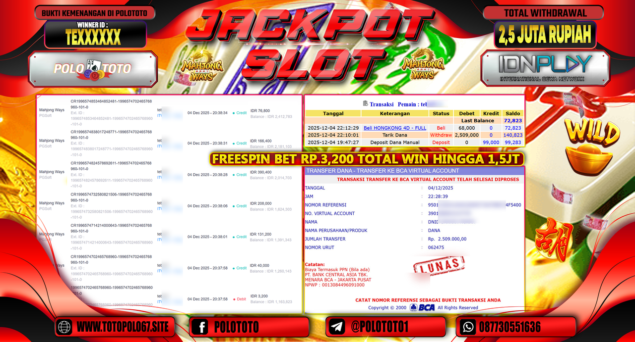POLOTOTO JACKPOT SLOT MAHJONG WAYS Rp.2.500.000,- LUNAS