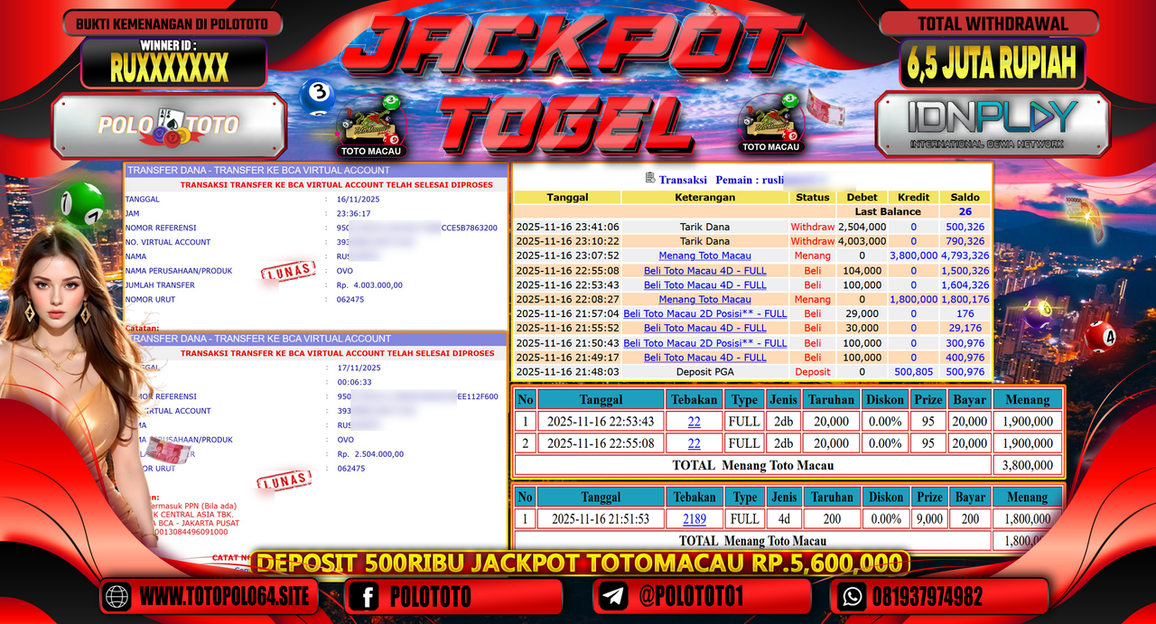 POLOTOTO JACKPOT TOGEL MENANG TOTO MACAU Rp.6.500.000,- LUNAS